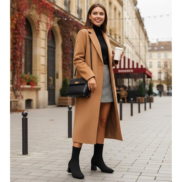 Women's Black Dressy Comfy Knit Sock Square Toe Chunky Heel Slip On Booties - Picture 4 of 6